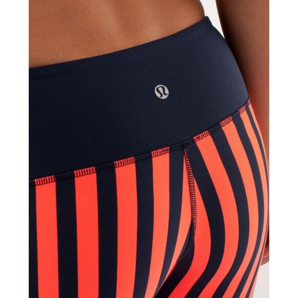 Lululemon Wunder Under Crop Leggings, Navy Blue with Neon Orange Stripe, Size 8 - Picture 9 of 10